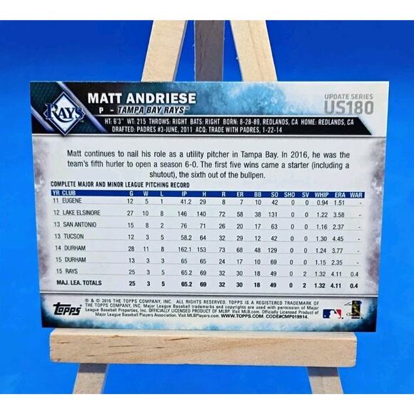 2016 Topps Update Series - Matt Andriese #US180 - Picture 4 of 4